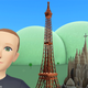 Mark Zuckerberg's avatar in Horizon Worlds is shown. In background you can see the Eiffel Tower and the completed Sagrada Familia.
